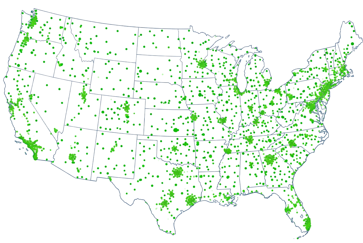 Map of the United States showing Stringr's videographer network coverage